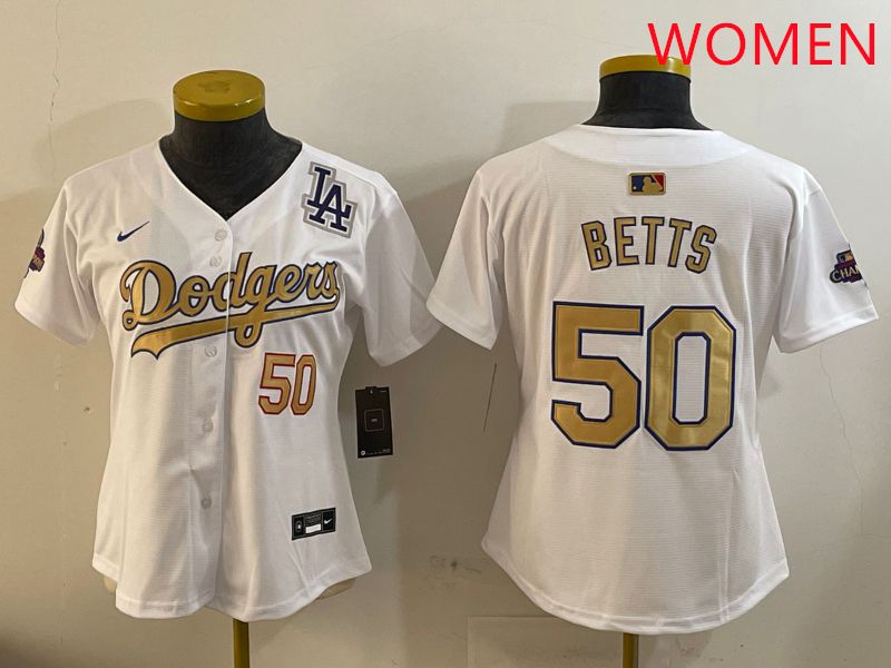 Women Los Angeles Dodgers #50 Betts White Champion gold character 2025 Nike MLB Jersey style 4094->women mlb jersey->Women Jersey